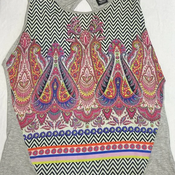 Bobeau Oversize Inset Print Front Keyhole Back Tunic Grey S Long Dolman Sleeve - Picture 9 of 13